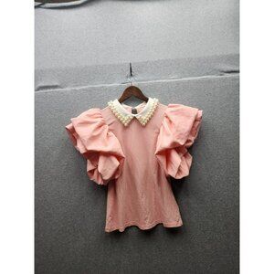 Pink Puff Sleeve Top With Pearl Collar Keyhole Back Pastel Brand Womens Size M 5